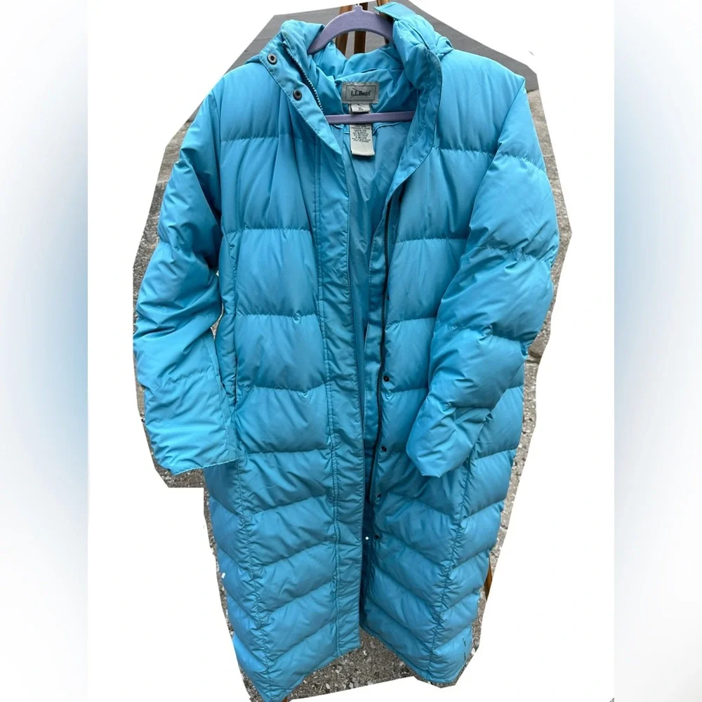 L.L. Bean Goose Down Long Duster Jacket Puffer Hoodie Turquoise size XL Women - Picture 1 of 16